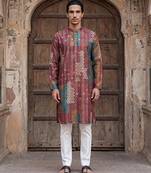 men’s ethnic brown printed silk blend kurta with trousers