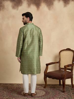 men   s ethnic green printed silk blend kurta 4