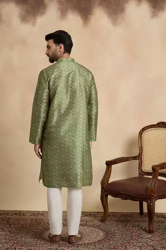 men   s ethnic green printed silk blend kurta