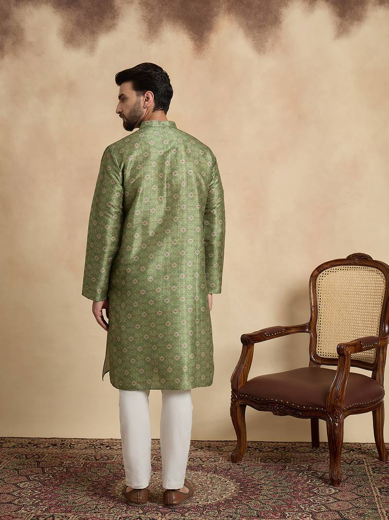 men   s ethnic green printed silk blend kurta