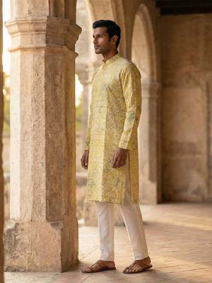 men   s viscose rayon yellow embroidered straight kurta 3