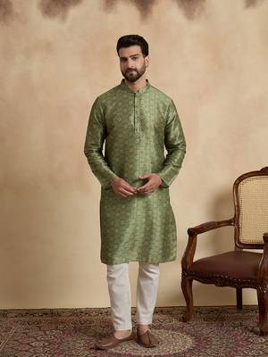 men   s ethnic green printed silk blend kurta 5