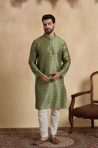 men   s ethnic green printed silk blend kurta