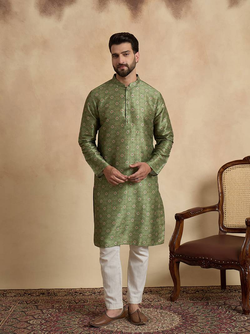 men   s ethnic green printed silk blend kurta