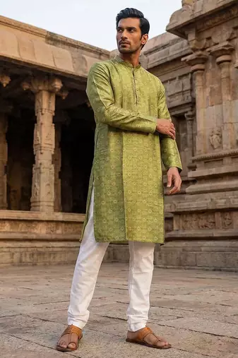 men   s ethnic green printed silk blend kurta