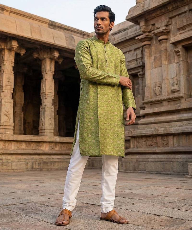 men’s ethnic green printed silk blend kurta