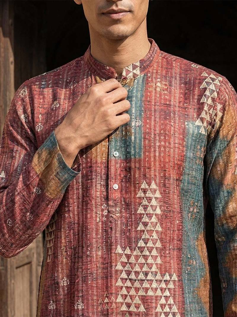 men’s ethnic brown printed silk blend kurta with trousers