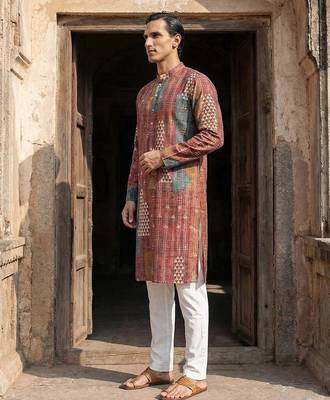 men   s ethnic brown printed silk blend kurta with trousers 3