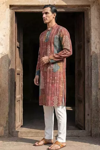 men   s ethnic brown printed silk blend kurta with trousers