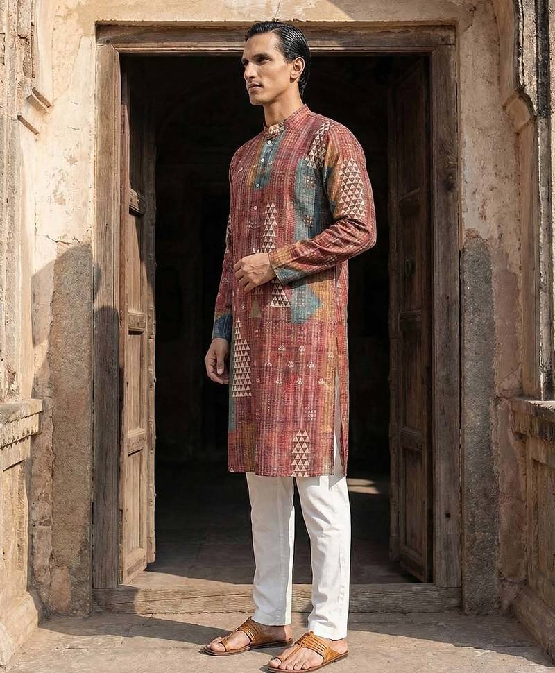 men’s ethnic brown printed silk blend kurta with trousers