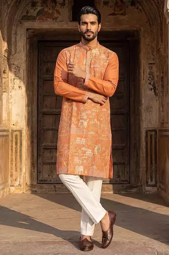 Orange rayon printed kurta with trouser set for men