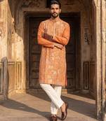 Orange rayon printed kurta with trouser set for men