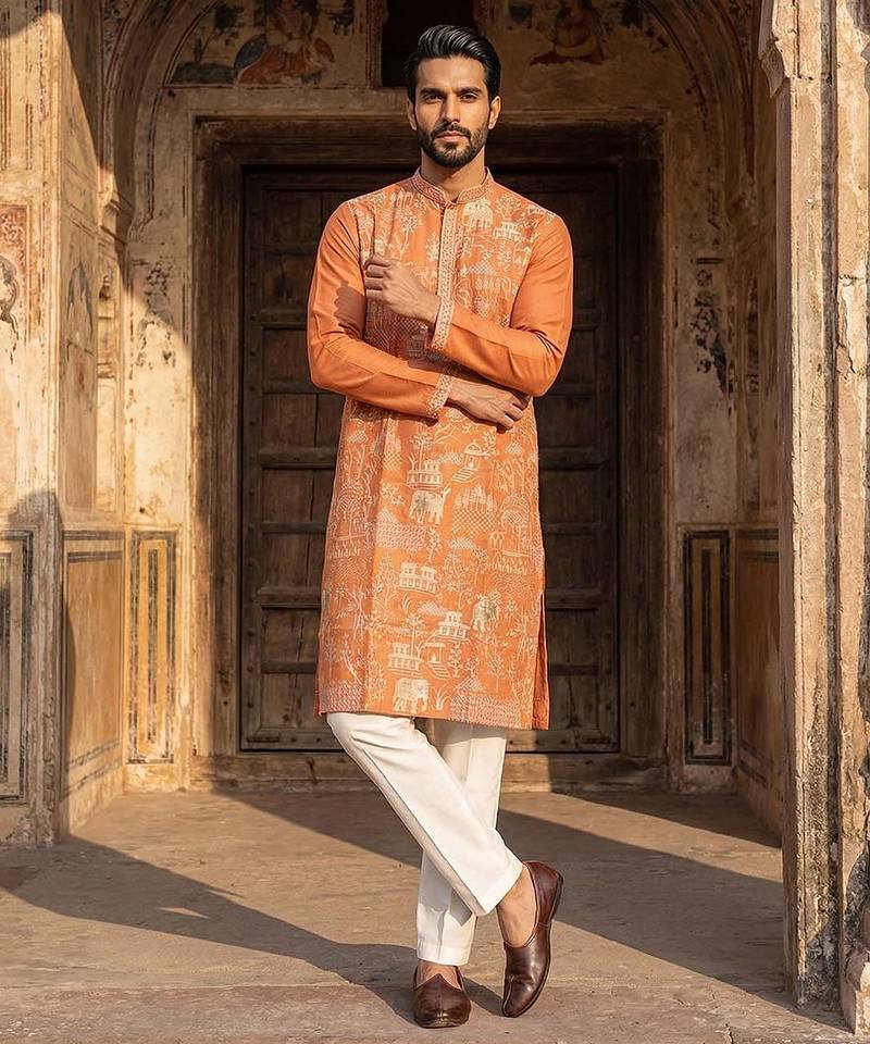 Orange rayon printed kurta with trouser set for men
