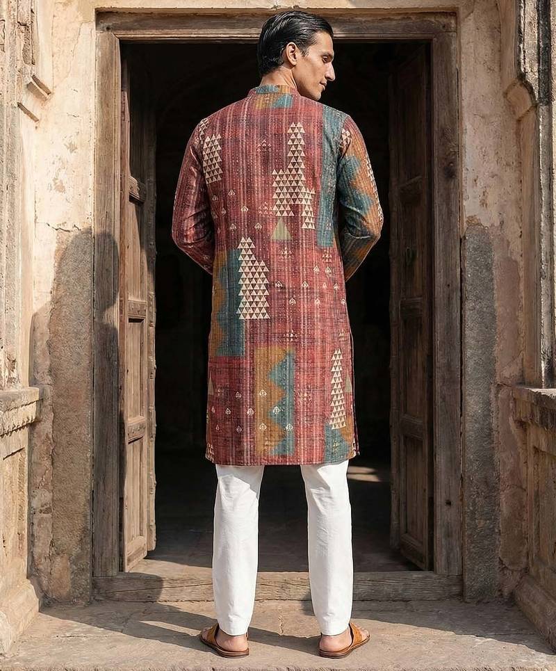 men’s ethnic brown printed silk blend kurta with trousers