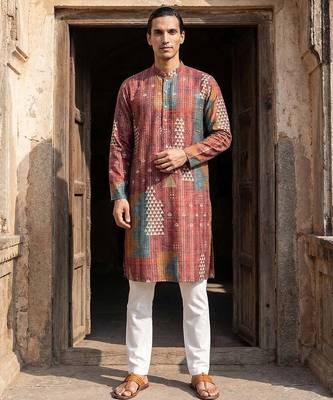 men   s ethnic brown printed silk blend kurta with trousers 5