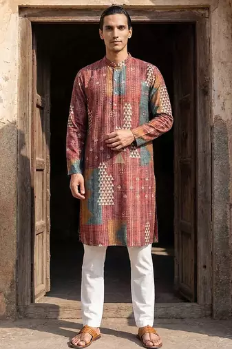 men   s ethnic brown printed silk blend kurta with trousers
