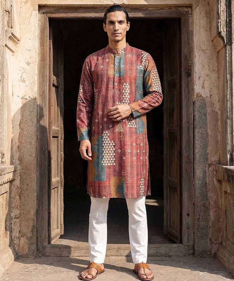 men’s ethnic brown printed silk blend kurta with trousers