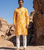 yellow silk blend printed kurta trouser set for men