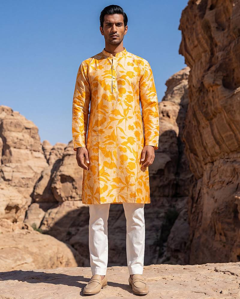 yellow silk blend printed kurta trouser set for men