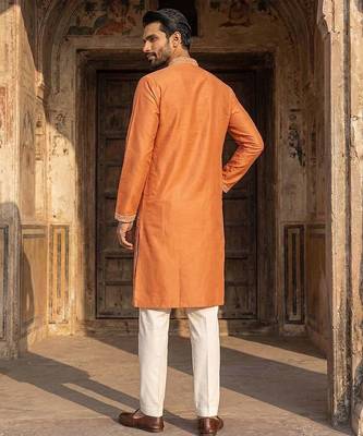 Orange rayon printed kurta with trouser set for men 4