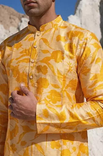 yellow silk blend printed kurta trouser set for men