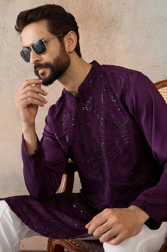 men   s purple silk blend jacquard pattern straight kurta trouser set