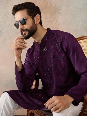 men   s purple silk blend jacquard pattern straight kurta trouser set 1