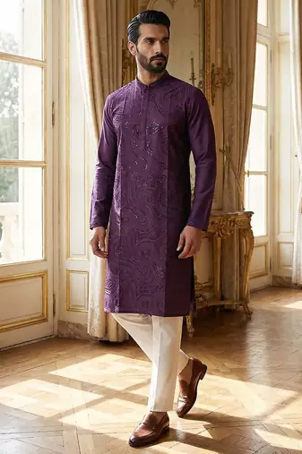 men’s purple silk blend jacquard pattern straight kurta trouser set