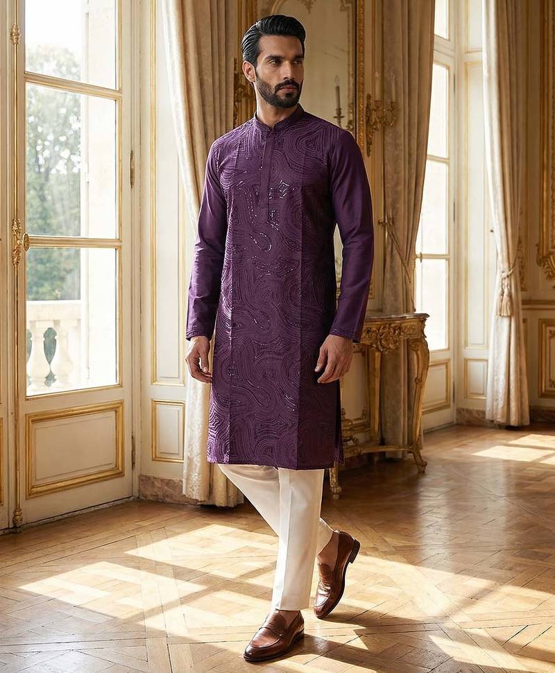 men’s purple silk blend jacquard pattern straight kurta trouser set
