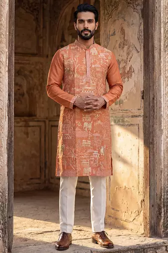 Orange rayon printed kurta with trouser set for men