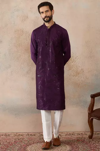 men   s purple silk blend jacquard pattern straight kurta trouser set