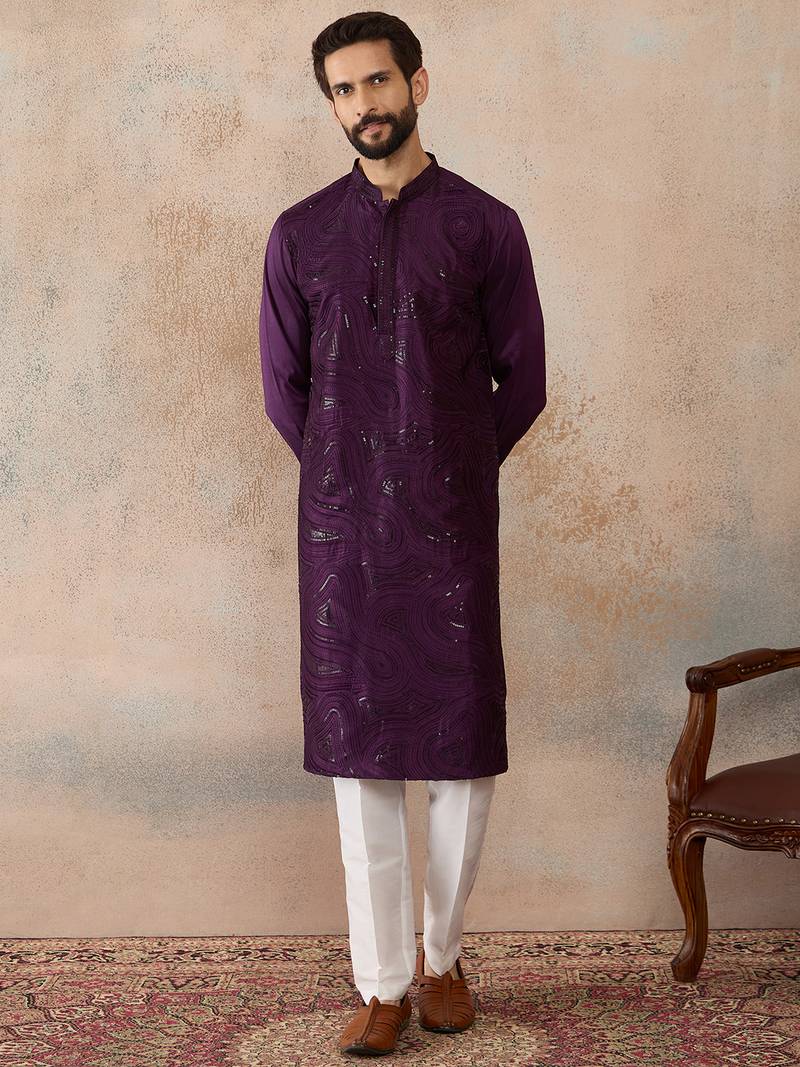 men   s purple silk blend jacquard pattern straight kurta trouser set
