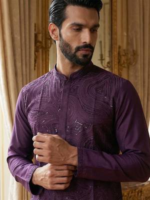 men   s purple silk blend jacquard pattern straight kurta trouser set 2