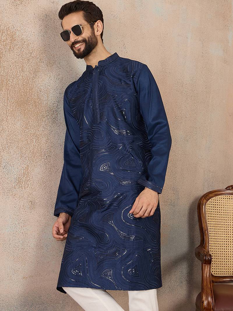 men   s blue silk blend jacquard pattern straight kurta trouser set