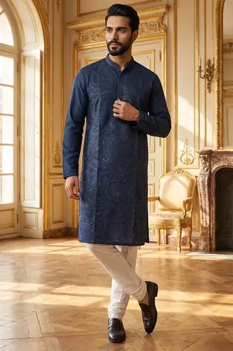 men’s blue silk blend jacquard pattern straight kurta trouser set