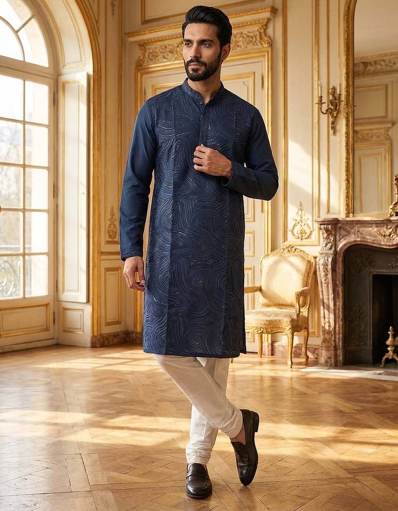 men’s blue silk blend jacquard pattern straight kurta trouser set
