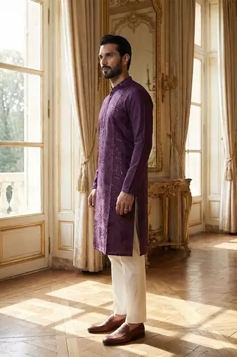 men   s purple silk blend jacquard pattern straight kurta trouser set