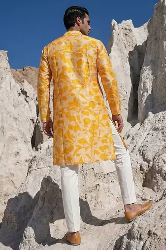 yellow silk blend printed kurta trouser set for men