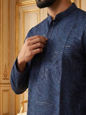men   s blue silk blend jacquard pattern straight kurta trouser set
 2