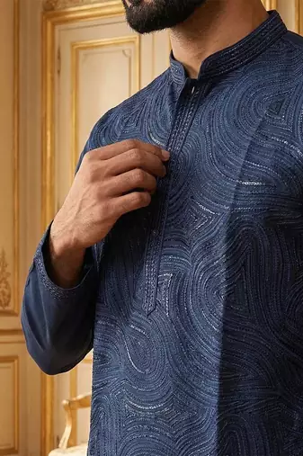men   s blue silk blend jacquard pattern straight kurta trouser set