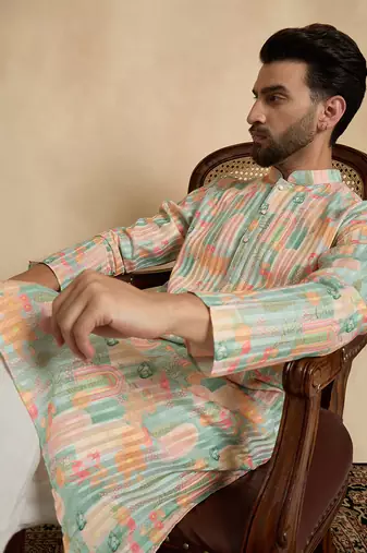 men   s Multicolor silk blend printed kurta trouser set