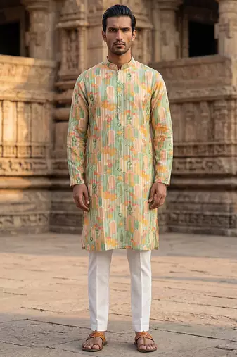 men’s Multicolor silk blend printed kurta trouser set