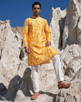 yellow silk blend printed kurta trouser set for men 5