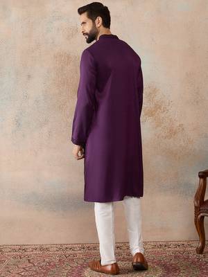 men   s purple silk blend jacquard pattern straight kurta trouser set 4