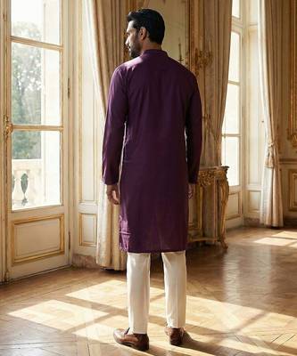 men   s purple silk blend jacquard pattern straight kurta trouser set 4