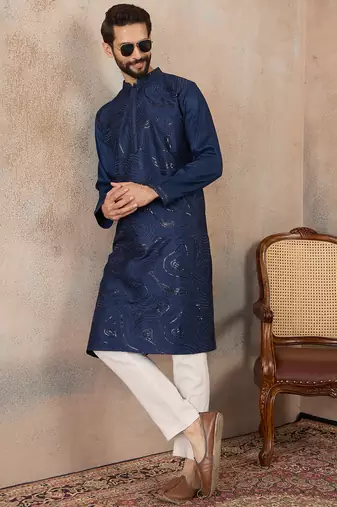 men s blue silk blend jacquard pattern straight kurta trouser set