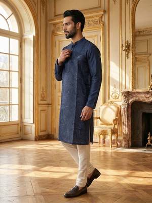men   s blue silk blend jacquard pattern straight kurta trouser set
 3