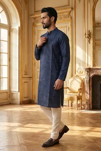 men   s blue silk blend jacquard pattern straight kurta trouser set