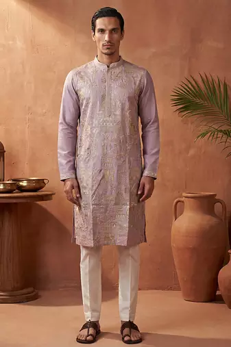 men’s lavender silk blend embroidered kurta with trouser set