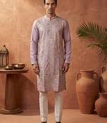 men’s lavender silk blend embroidered kurta with trouser set